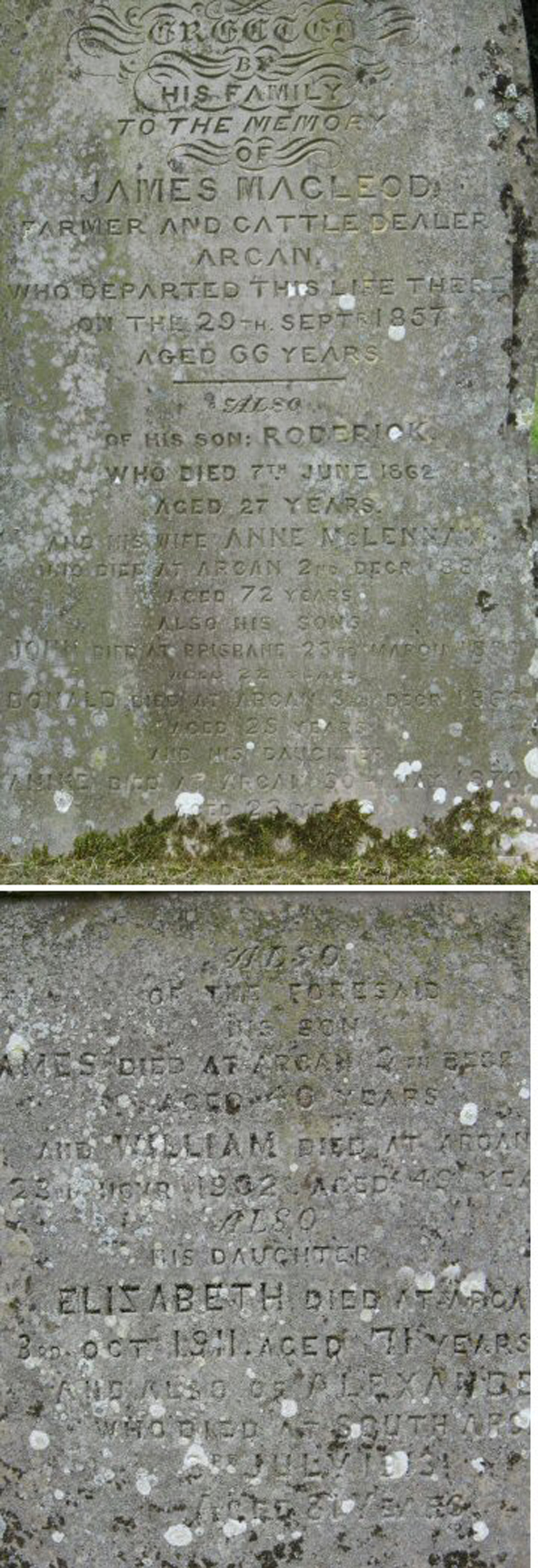 Photo of headstones/Ann McLennan died 1881 MI Urray old